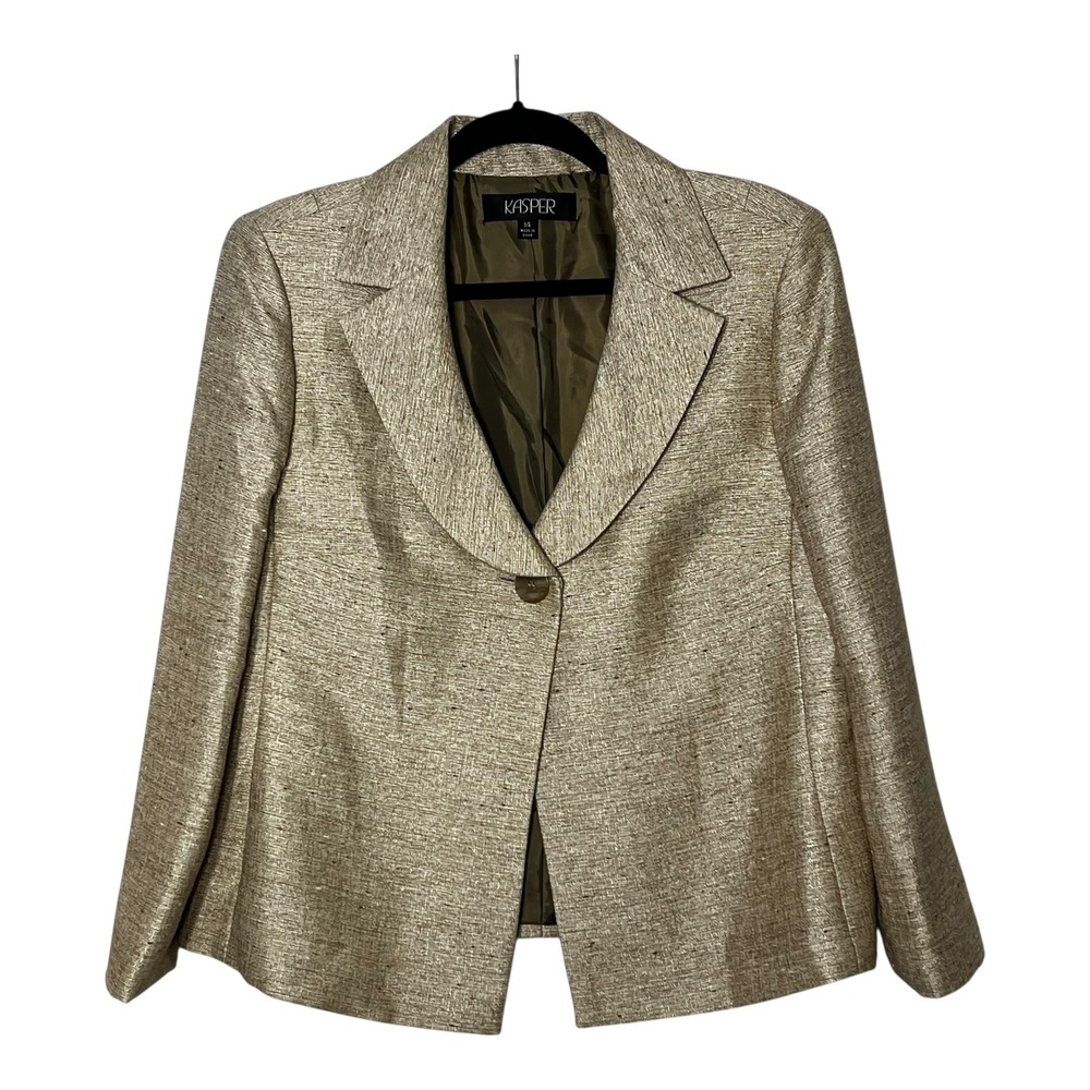 Kasper Womens Champagne Gold Textured Single Button Blazer Jacket Size 14